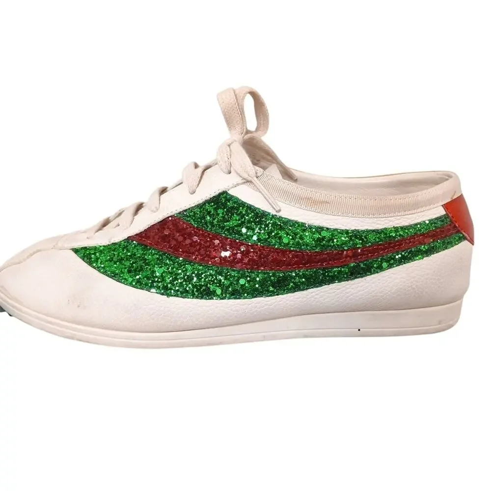 RARE Gucci Falacer Glitter Sneakers Men Sz 7 White Leather Green Red SPARKLE